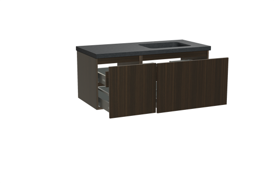 Balmani Sfera meuble salle de bains suspendu 120 x 55 cm eucalyptus avec Napoli plan vasque asymétrique à droite en granit noir
