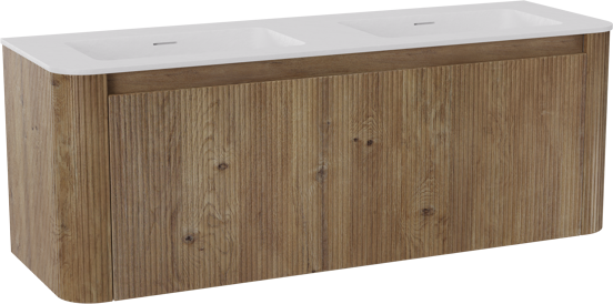 Storke Soft hängendes Möbelstück Set: 140 x 46 cm, Eiche rau, mit Mata Soft Doppelwaschtischplatte Solid Surface Weiβ matt, Vertikale symmetrische gerade Rippe