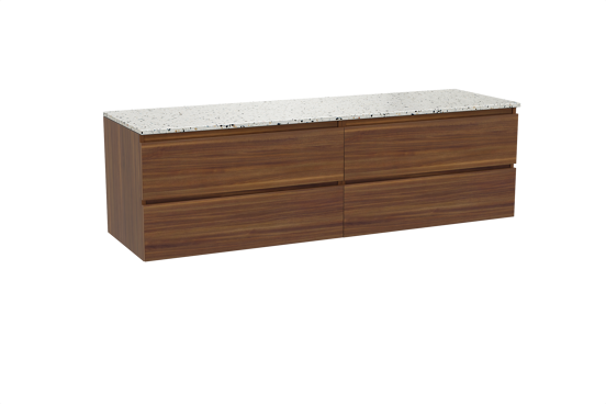 Balmani Lucida hängendes Möbelstück Set: 180 x 55 cm, Amerikanischer Nussbaum, mit Stretto Einzel- oder Doppel Waschtischplatte, Terrazzo in Weiß/Schwarz matt