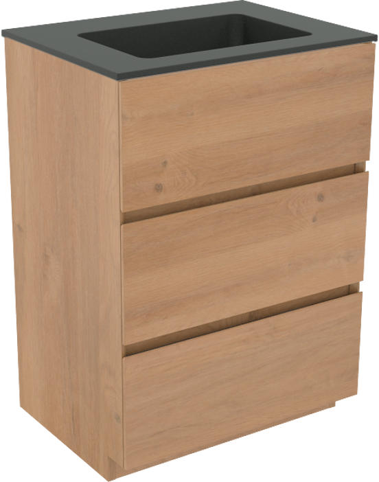 Storke Edge meuble salle de bains à poser 60 x 46 cm chêne brut avec Scuro plan simple en quartz noir mat