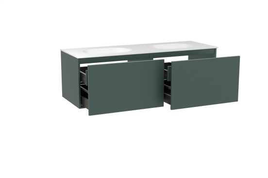 Balmani Sfera zwevend badkamermeubel 150 x 55 cm forest met Tablo Oval dubbele wastafel in solid surface mat wit