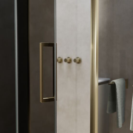 Balmani Senses Design douchehoek met linkse draaideur en vaste zijwand, 140 x 100 cm, Rookglas, Brushed Champagne Gold profielen, met coating