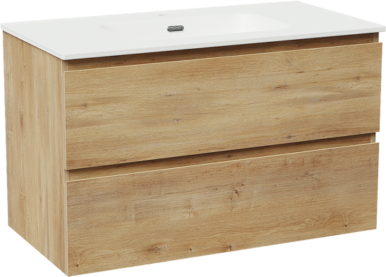 Linie Lado hängendes Möbelstück Set: 90 x 46 cm, Naturbelassene Eiche, mit Baro Einzelwaschtisch, Porzellan Weiß matt