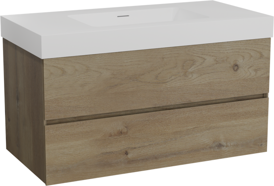 Storke Edge zwevend badmeubel 105 x 52 cm ruw eiken met Mata High enkele wastafel in solid surface mat wit