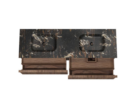 Balmani Forma zwevend badkamermeubel 180 x 55 cm amerikaanse notelaar met Tablo Arcato dubbele wastafel in marmer portoro gold, Verticale symmetrische rechte ribbel