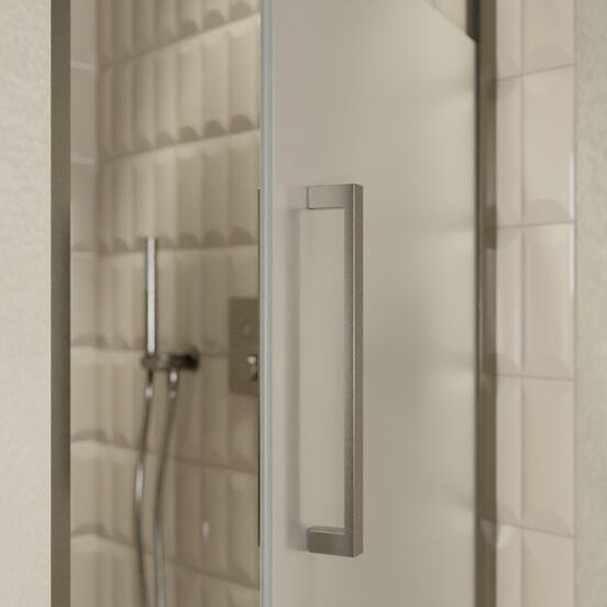 Balmani Senses Design Dusche Drehtür, Rechts, 90 cm x 210 cm, Klarglas mit mattiertem Streifen, Profil Brushed GunMetal, inklusive Coating