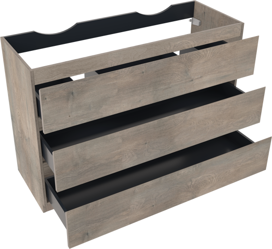 Linie Lado stehender Waschbeckenunterschrank: 120 x 46 cm, graue Eiche, 3 Schubladen, 2 Siphonaussparungen