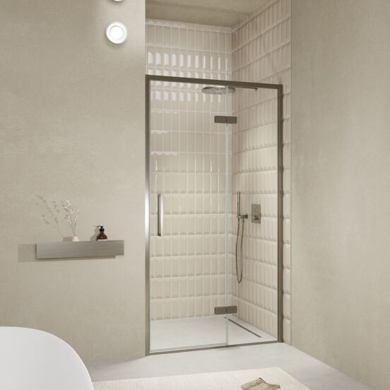 Balmani Senses Design douche draaideur rechts 120 cm x 210 cm Helder glas, Brushed GunMetal profielen, met coating