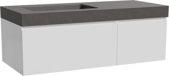 Storke Edge zwevend badkamermeubel 120 x 52 cm glanzend wit met Scuro High asymmetrisch linkse wastafel in kwarts mat zwart