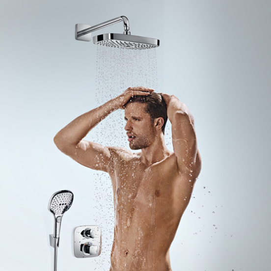Hansgrohe Raindance Select E 300 rechthoekige regendouchekop met muursteun 30 cm glanzend chroom