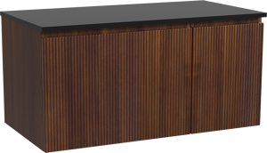 Storke Ribs zwevend badkamermeubel 100 x 52 cm notelaar met Panton enkel tablet in gepoedercoate mdf mat zwart, Verticale symmetrische rechte ribbel