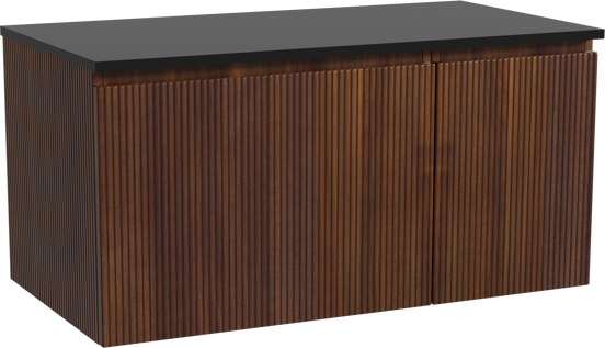 Storke Ribs zwevend badkamermeubel 100 x 52 cm notelaar met Panton enkel tablet in gepoedercoate mdf mat zwart, Verticale symmetrische rechte ribbel