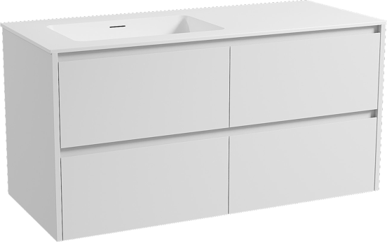 Storke Seda zwevend badkamermeubel 120 x 52 cm mat wit met Mata asymmetrisch linkse wastafel in solid surface mat wit