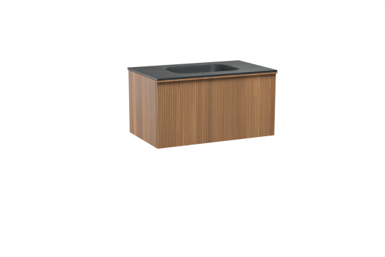 Balmani Forma zwevend badkamermeubel 90 x 55 cm teak met Tablo Arcato enkele wastafel in graniet zwart, Verticale symmetrische rechte ribbel