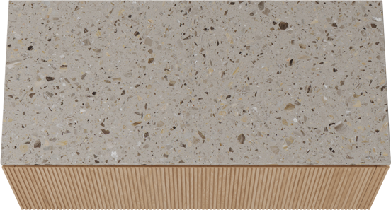 Balmani Eclips zwevend badkamermeubel 120 x 55 cm Natuur eik met Stretto enkel of dubbel tablet in Greige terrazzo, Verticale symmetrische rechte ribbel