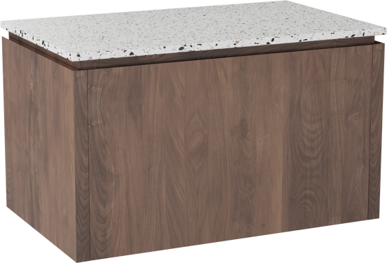 Balmani Eclips hängendes Möbelstück Set: 90 x 55 cm, Amerikanischer Nussbaum, mit Stretto Einzel Waschtischplatte Bianco Nero Terrazzo