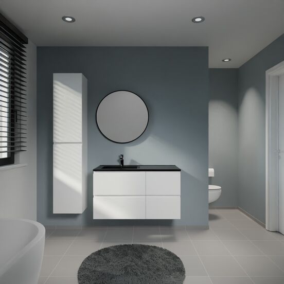 Linie Lado meuble salle de bains suspendu 100 x 46 cm blanc brillant avec Vano plan vasque asymétrique à gauche en marbre composite noir mat