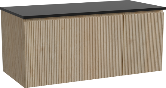 Storke Ribs meuble salle de bains suspendu 110 x 52 cm chêne brut avec Panton tablette simple en mdf enduit de poudre noir mat, Nervure droite symétrique verticale