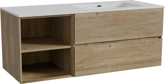 Storke Edge meuble salle de bains suspendu 130 x 52 cm chêne brut avec Diva plan vasque asymétrique à droite en marbre composite blanc brillant