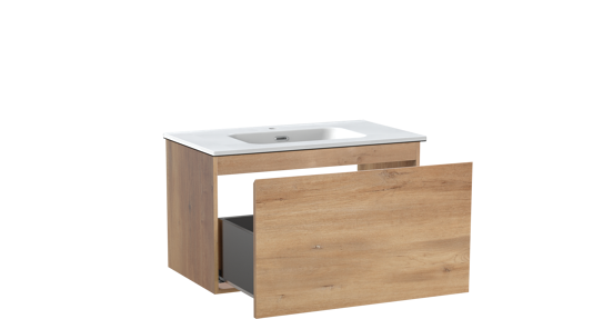 Linie Lado meuble salle de bains suspendu 80 x 46 cm chêne naturel avec Baro plan simple en porcelaine blanc mat