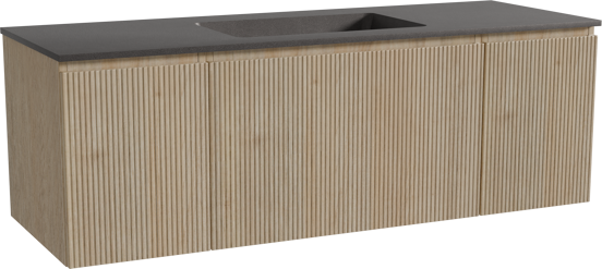 Storke Ribs hängendes Möbelstück Set: 145 x 52 cm, Rohe Eiche, mit Scuro Einzelwaschtisch, Quarz, Schwarz matt, Vertikale symmetrische gerade Rippe