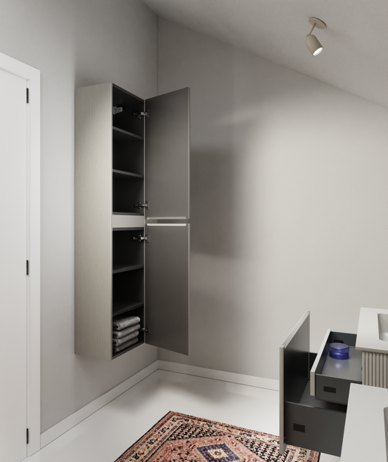 Storke Ribs Badhochschrank: Hängend, Seidengrau, 40 x 30 x 170 cm