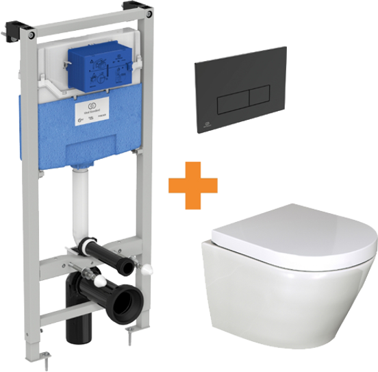 Luca Varess Calibro WC suspendu blanc brillant sans bride compact avec bâti-support et Ideal Standard Oleas M2 noir mat plaque de commande gratuit