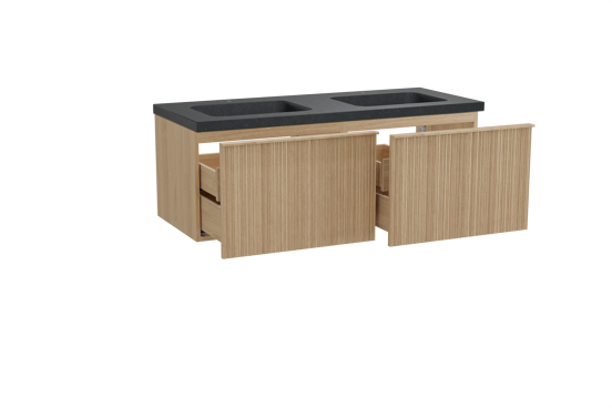 Balmani Forma zwevend badkamermeubel 135 x 55 cm natuur eik met Napoli dubbele wastafel in graniet zwart, Verticale asymmetrische ronde ribbel