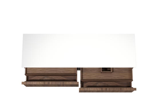 Balmani Forma hängendes Möbelstück Set: 180 x 55 cm, Amerikanischer Nussbaum, mit Stretto Einzel- oder Doppel Waschtischplatte, Solid Surface, Weiß matt, Vertikale symmetrische gerade Rippe