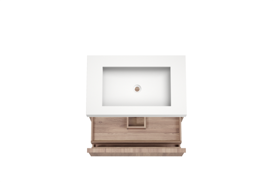Balmani Forma hängendes Möbelstück Set: 90 x 55 cm, Teak, mit Modus Einzelwaschtisch, Solid Surface, Weiß matt, Vertikale symmetrische gerade Rippe