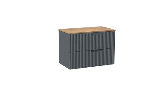 Linie Ribbo meuble salle de bains suspendu 80 x 46 cm bleu anthracite avec Lado tablette simple en mélaminé chêne naturel, Nervure circulaire symétrique verticale