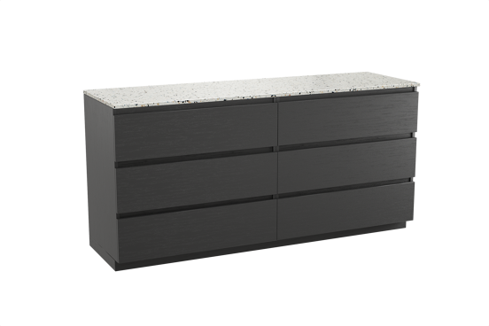 Balmani Lucida staand badkamermeubel 180 x 55 cm zwarte eik met Stretto enkel of dubbel tablet in mat wit/zwart terrazzo
