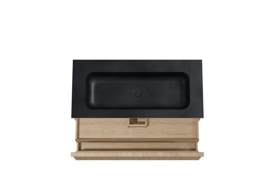 Balmani Forma meuble salle de bains suspendu 120 x 55 cm chêne naturel avec Tablo Strada lavabo simple pour 2 trous de robinet en marbre composite noir mat, Nervure droite symétrique verticale
