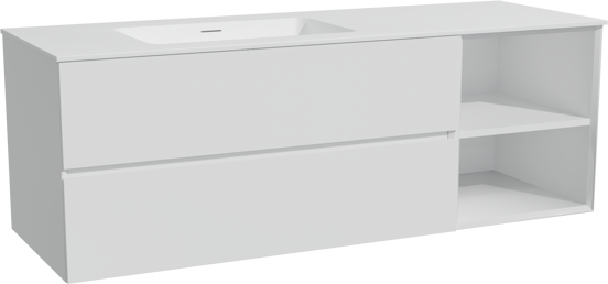 Storke Edge meuble salle de bains suspendu 150 x 52 cm blanc mat avec Mata plan vasque asymétrique à gauche en solid surface blanc mat