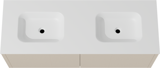 Balmani Eclips zwevend badkamermeubel 150 x 55 cm Sandbeige met Tablo Arcato dubbele wastafel in Solid Surface mat wit, Verticale symmetrische rechte ribbel