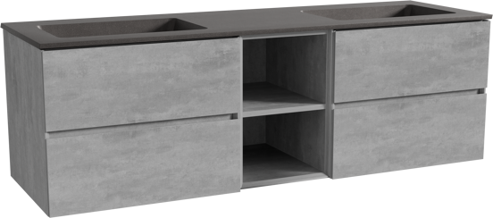 Storke Edge zwevend badmeubel 165 x 52 cm beton donkergrijs met Scuro dubbele wastafel in kwarts mat zwart