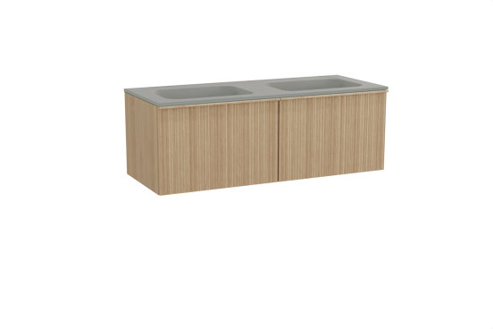 Balmani Forma zwevend badkamermeubel 135 x 55 cm natuur eik met Tablo Strada dubbele wastafel in composietmarmer zijdegrijs, Verticale asymmetrische ronde ribbel