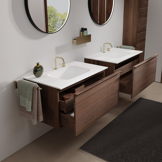 Balmani Forma zwevend badkamermeubel 90 x 55 cm amerikaanse notelaar met Tablo Arcato enkele wastafel in solid surface mat wit, Horizontale symmetrische rechte ribbel