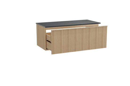 Balmani Forma hängendes Möbelstück Set: 120 x 55 cm, Naturbelassene Eiche, mit Stretto Einzel Waschtischplatte, Granit, Schwarzes Granit, Vertikale asymmetrische Runde Rippe