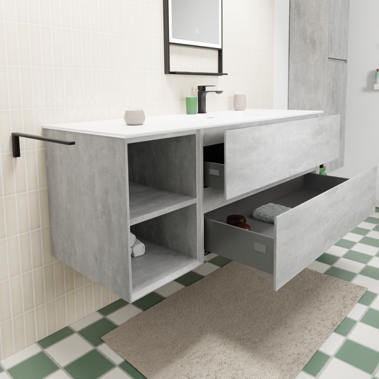 Storke Edge meuble salle de bains suspendu 140 x 52 cm béton gris foncé avec Mata plan vasque asymétrique à droite en solid surface blanc mat