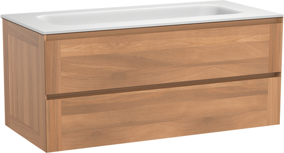 Balmani Mitra meuble salle de bains suspendu 120 x 55 cm teck avec Tablo Arcato lavabo simple pour 2 trous de robinet en solid surface blanc mat