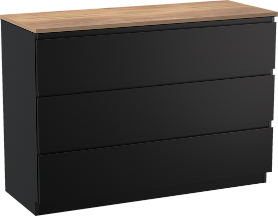 Linie Lado staand badmeubel 120 x 46 cm mat zwart met Lado enkel of dubbel wastafelblad in melamine naturel eiken
