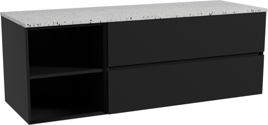 Storke Edge zwevend badkamermeubel 150 x 52 cm mat zwart met Tavola enkel of dubbel tablet in mat wit/zwart terrazzo