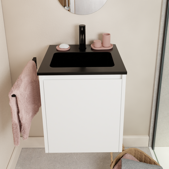 Storke Seda meuble salle de bains suspendu 45 x 35 cm blanc mat avec Scuro plan simple en quartz noir mat