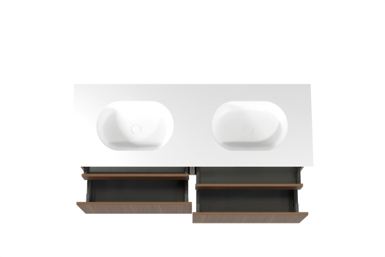 Balmani Sfera hängendes Möbelstück Set: 150 x 55 cm, Amerikanischer Nussbaum, mit Tablo Oval Doppelwaschtisch, Solid Surface Weiß matt
