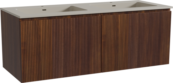 Storke Ribs zwevend badmeubel 130 x 52 cm notenhout met Diva dubbele wastafel in top solid zijdegrijs, Verticale symmetrische rechte ribbel