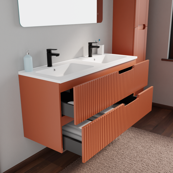 Linie Ribbo meuble salle de bains suspendu 120 x 46 cm cotto avec Vano double vasque en marbre composite blanc mat, Nervure circulaire symétrique verticale