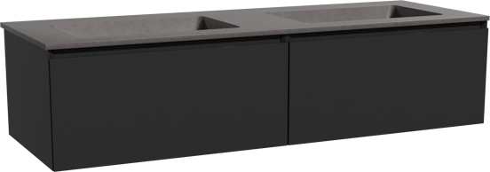 Storke Edge zwevend badmeubel 150 x 52 cm mat zwart met Scuro dubbele wastafel in kwarts mat zwart