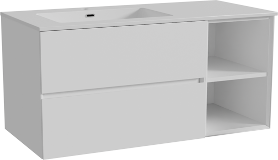 Storke Edge meuble salle de bains suspendu 110 x 52 cm blanc mat avec Diva plan vasque asymétrique à gauche en marbre composite blanc brillant