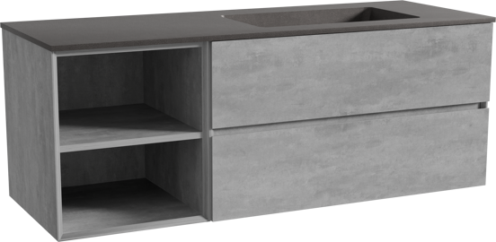 Storke Edge zwevend badmeubel 140 x 52 cm beton donkergrijs met Scuro asymmetrisch rechtse wastafel in kwarts mat zwart